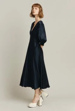 Elle Satin Midi Dress Navy
