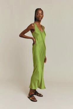 Palm Satin Slip Midi Dress Olive