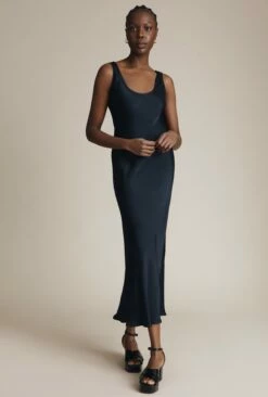 Palm Satin Slip Midi Dress Navy