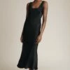Palm Satin Slip Midi Dress Black