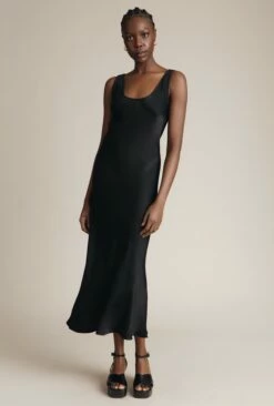 Palm Satin Slip Midi Dress Black