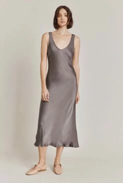 Palm Satin Slip Midi Dress Grey