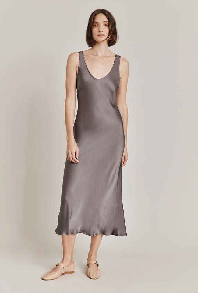 Palm Satin Slip Midi Dress Grey