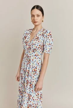 Lucy Satin Midi Dress Blue Umbrella Flowers