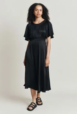 Flora Satin Midi Dress Black