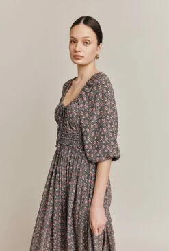 Larissa Crepe Midi Dress Black Mini Roses