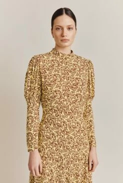 Lea Crepe Midi Dress Yellow Flowerpots