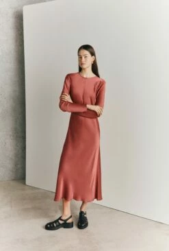 Mari Satin Midi Dress Burnt Sienna