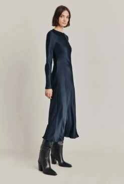 Mari Satin Midi Dress Navy