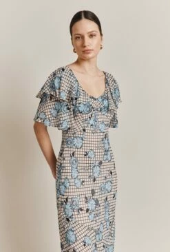 Birdie Crepe Midi Dress Blue Gingham