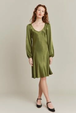 Josephine Satin Knee Length Dress Olive