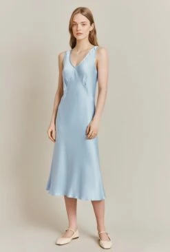 Summer Satin Midi Dress Chambray Blue