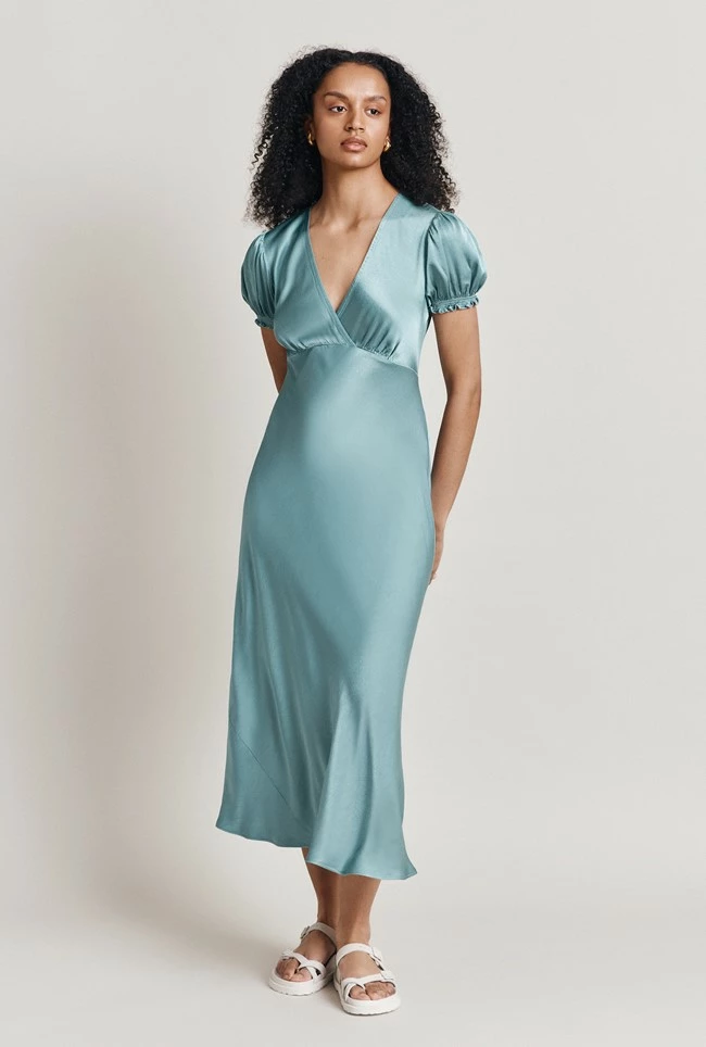 Clemence Satin Midi Dress Petrol Green - Image 2