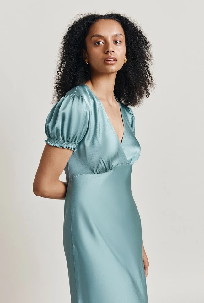 Clemence Satin Midi Dress Petrol Green