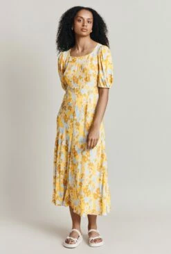 Celina Crepe Midi Dress Yellow Floral