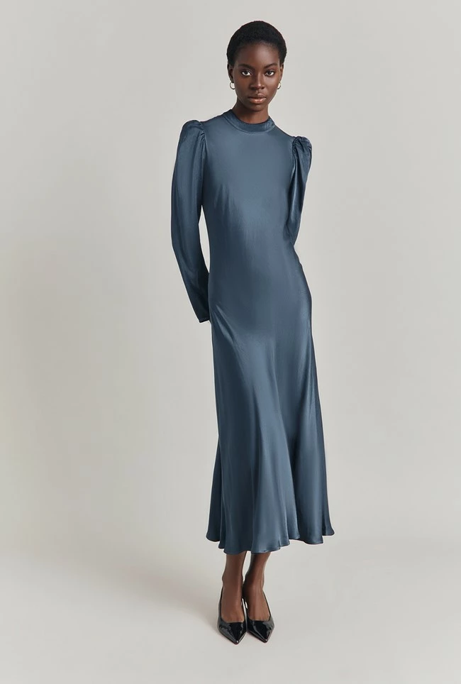 Harper Satin Midi Dress Dark Blue - Image 2