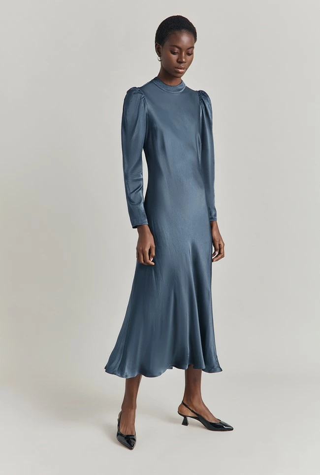 Harper Satin Midi Dress Dark Blue - Image 3
