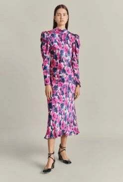 Harper Satin Midi Dress Pink Poppies