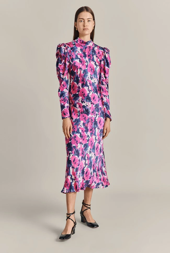 Harper Satin Midi Dress Pink Poppies