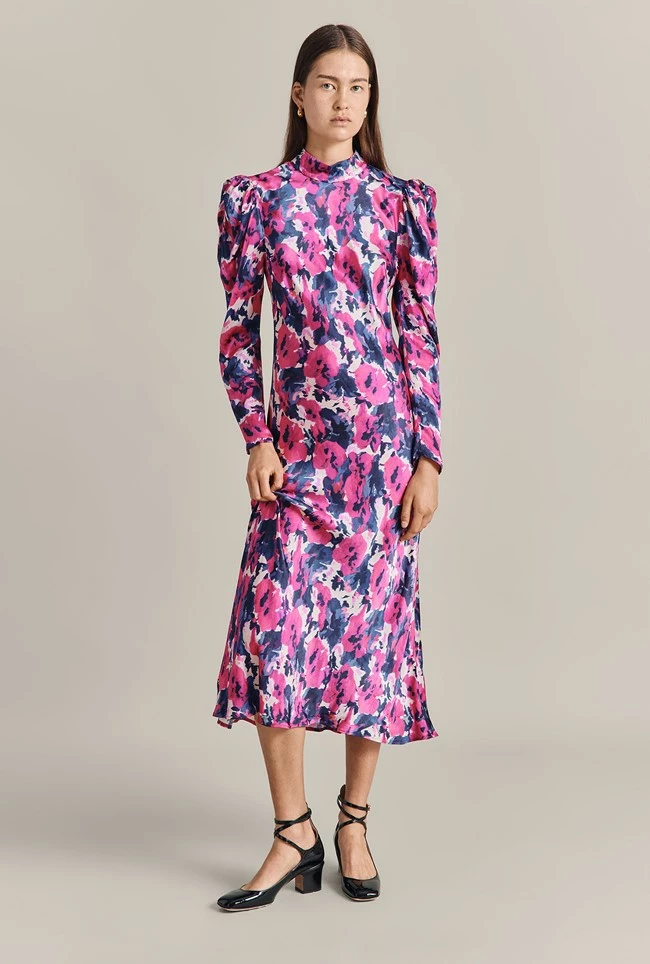 Harper Satin Midi Dress Pink Poppies - Image 4
