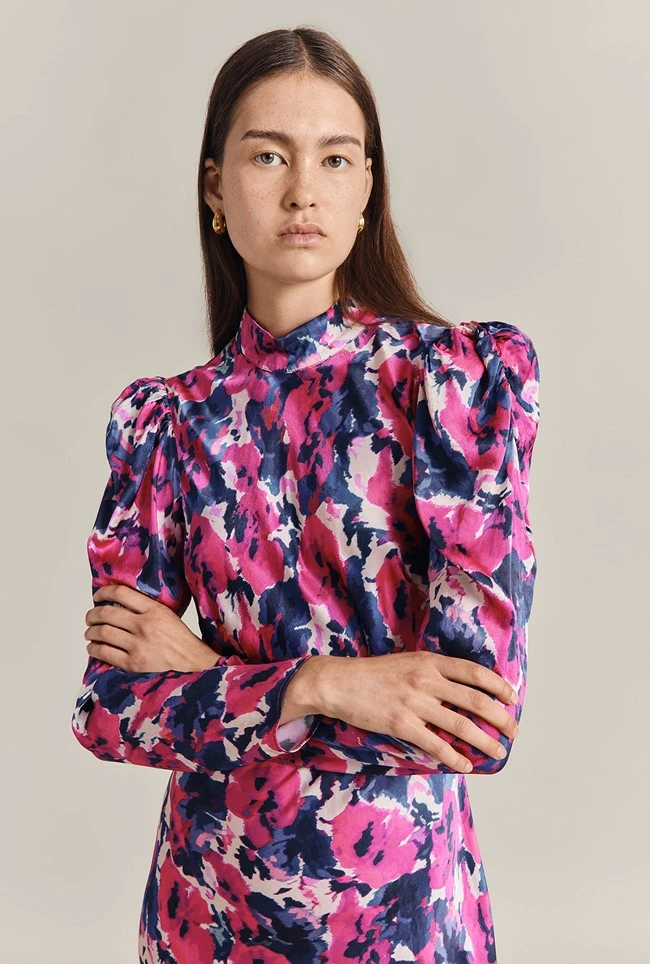 Harper Satin Midi Dress Pink Poppies - Image 3