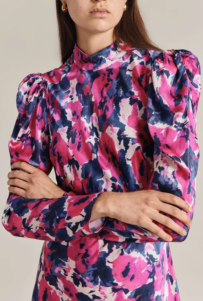 Harper Satin Midi Dress Pink Poppies - Image 2