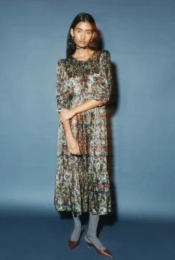 Maya Tiered Satin Midi Dress Green Ikat