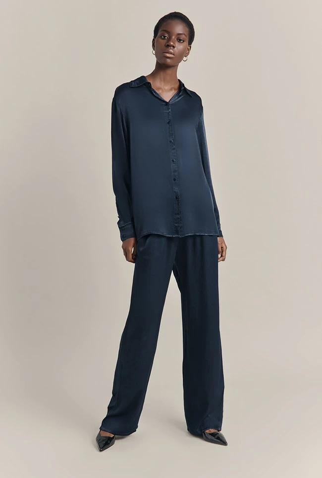 Imogen Satin Wide Leg Trouser Navy - Image 2