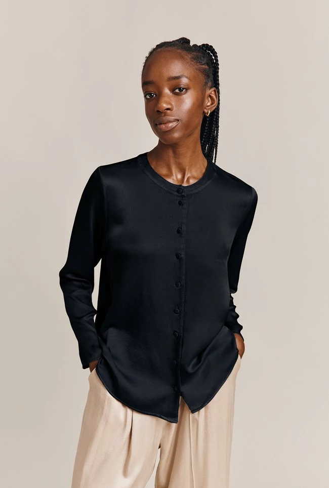 Efie Satin Long Sleeve Blouse Black - Image 2