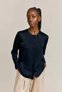 Efie Satin Long Sleeve Blouse Navy
