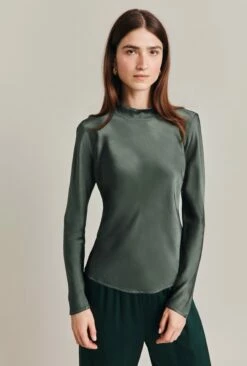 Mika Satin Turtleneck Top Dark Sage