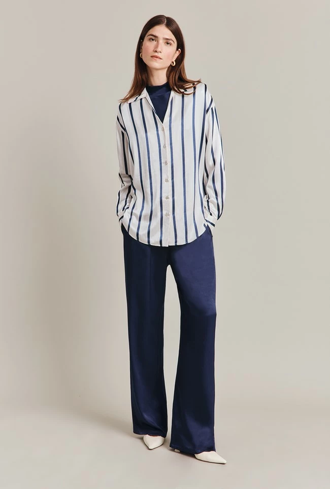 Amy Satin Long Sleeve Shirt Navy Stripe - Image 2