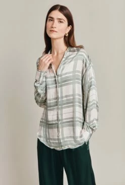Amy Satin Long Sleeve Shirt Green Check