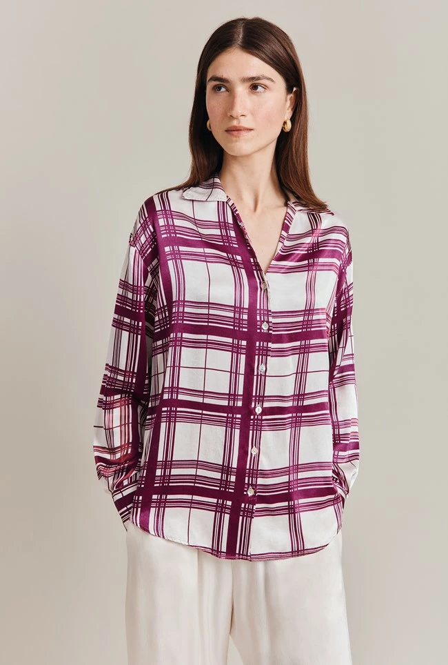 Amy Satin Long Sleeve Shirt Purple Check