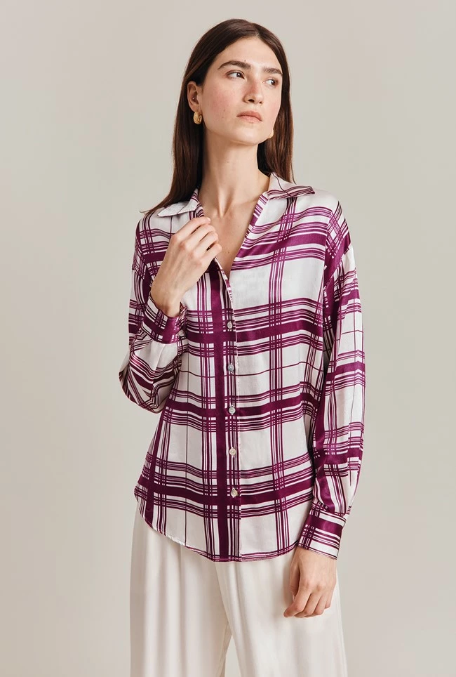 Amy Satin Long Sleeve Shirt Purple Check - Image 3