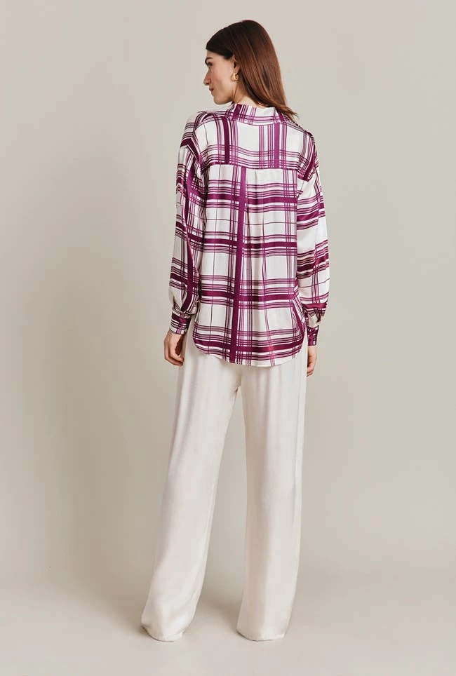 Amy Satin Long Sleeve Shirt Purple Check - Image 4