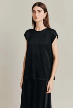Melody Satin Short Sleeve Top Black