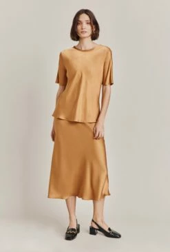 Luna Satin Slip Skirt Tobacco Brown