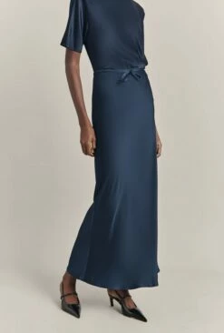 Emma Satin Midi Skirt Navy